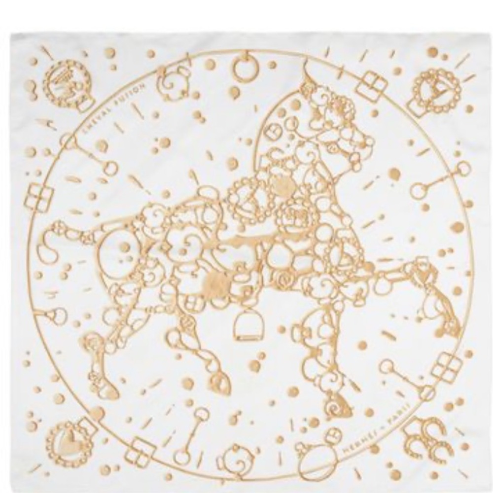 Hermes silk 90cm Cheval Fusion White and Gold Scarf